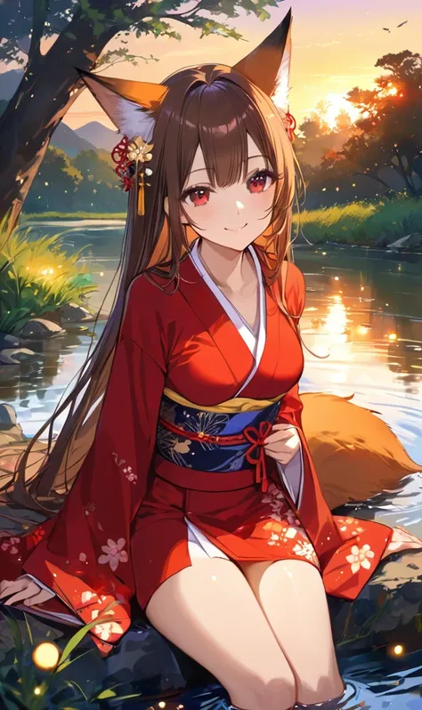 1girl, long hair, animal ears, brown hair, masterpiece, red eyes, smile, outdoors, tree, landscape, kimono, fox tail, looking at viewer, sunset, sitting, river, water, fireflies, nature, hair ornament, medium breasts, partially submerged,
masterpiece, best...