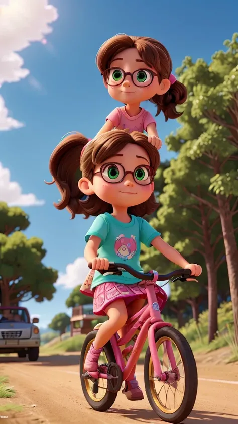 A 9 year old girl with brown hair in a ponytail, colorful dress, riding a bicycle, an 8 year old girl with green eyes, pink glasses, denim shorts, colorful t-shirt, standing on the back of the bicycle, riding bicycles on dirt streets of a coastal city, hig...