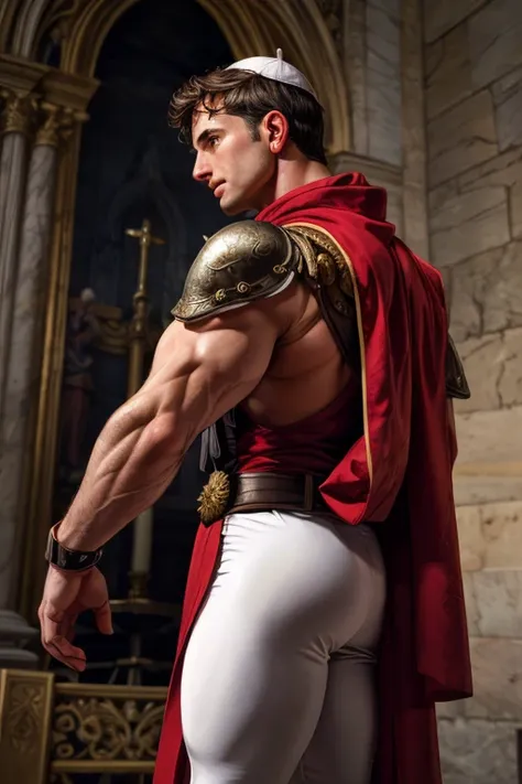 looking back, dariusferdynand wearing well-fitted sleeveless red and white sheer tight roman-catholic-pope robe-armor, looking a...