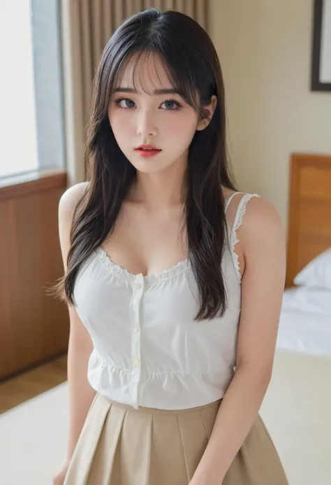 (best quality,8k,high resolution,masterpiece:1.5),alone,beautiful detailed eyes,beautiful detailed face,plump:1.2,charming face,long straight black hair,hands on the back,cute outfit,girl,girl in a hotel room,slightly downturned eyes,short skirt,visible cl...