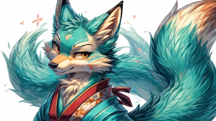 japanese kitsune, aqua colored fur, fox face elongated snout add_detail, beautiful tails, stylized japanese style, japanese cunning fox