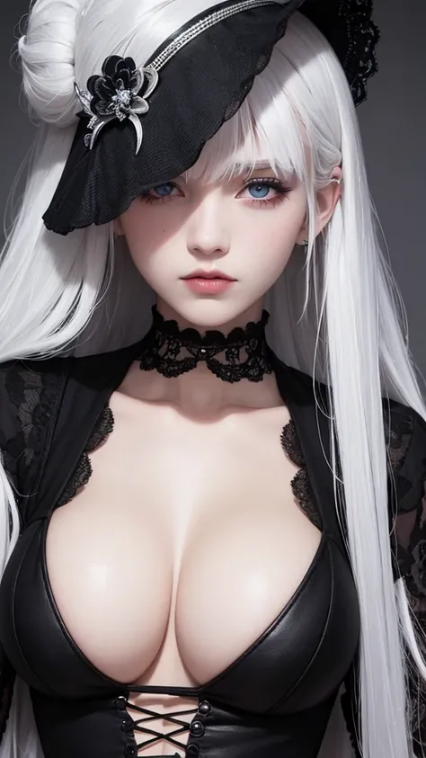 girl with white hair,with bangs, black gloves, gothic,4K, masterpiece, perfect body, stem,perfect eyes, perfect shading, perfect lighting, best quality, work of art, ultra detailed, detailed clothing