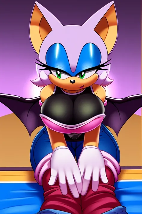 alone (((Rouge the Bat)) tight shirt with short jeans), (standing, view from the front, looking at her own big breasts while massaging them)