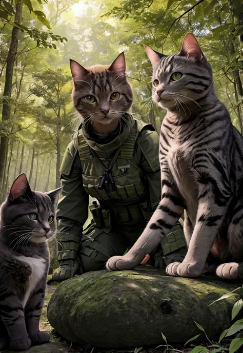 Illustrate an ultra-realistic and professional scene featuring a squad of elite special forces cats heavily armed and walking through a dense forest at sunset. Each cat is outfitted in detailed tactical gear, including body armor, weapons, and communicatio...