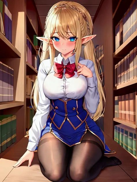 elf girl dressed only in school tights, secretly masturbating in a library