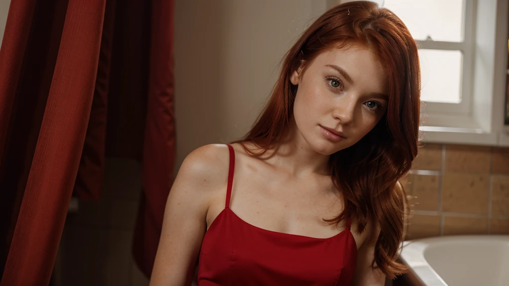 Young redhead in red dress