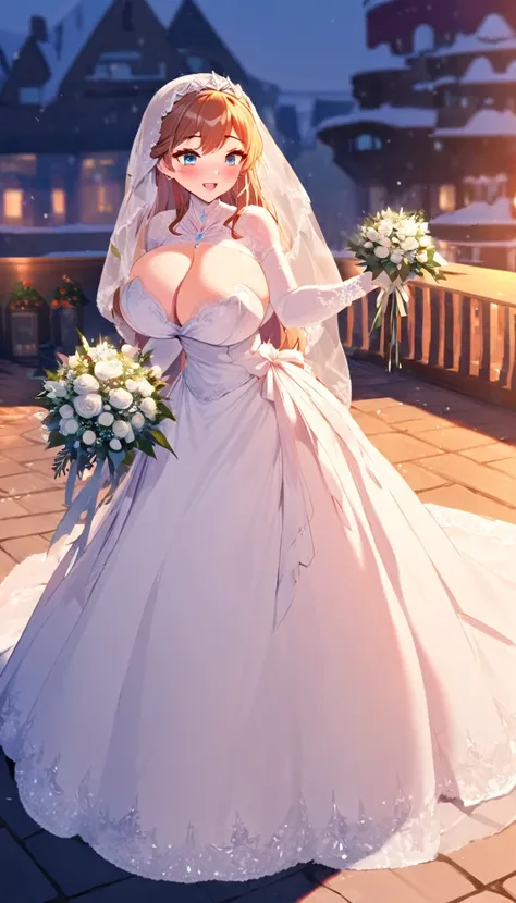 Anna from Frozen in a wedding dress with huge lace showing her huge breasts with a veil and bouquet on a patio in winter 