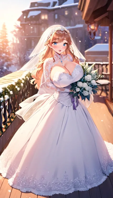 Anna from Frozen in a wedding dress with huge lace showing her huge breasts with a veil and bouquet on a patio in winter 