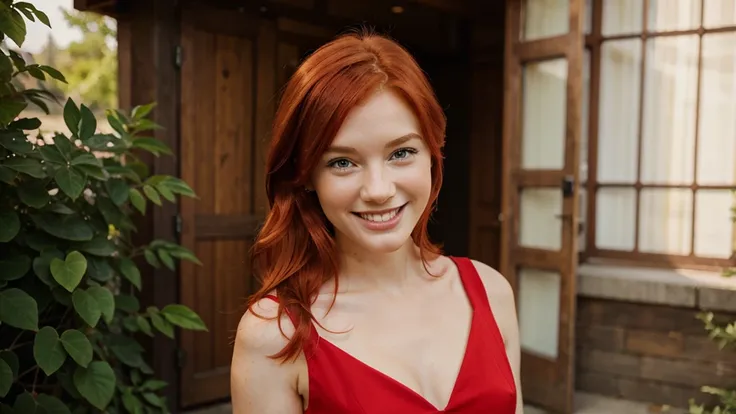 Young redhead in red dress smiling