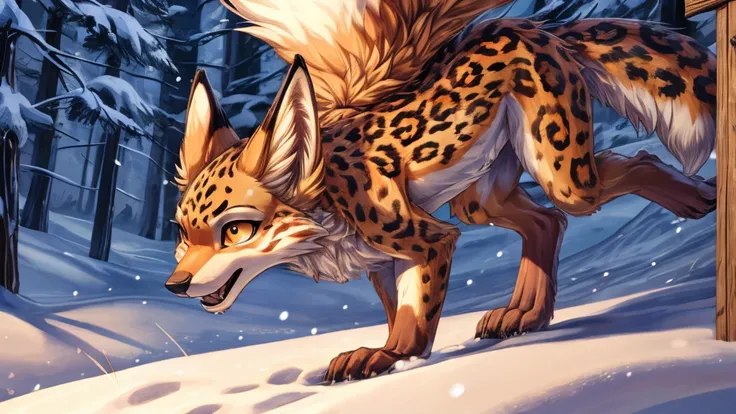 The best quality, Ocelot adolescent, fox face elongated snout add-detail, Surprise face, sweaty body, heated add_detail,, kitsune warrior in the snow add_detail:1, Whole body, barefoot add_detail:1 