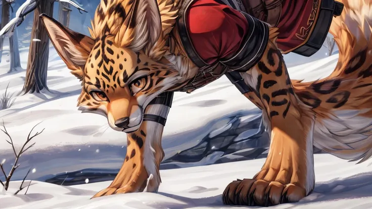 The best quality, Ocelot adolescent, fox face elongated snout add-detail, Surprise face, sweaty body, heated add_detail,, kitsune warrior in the snow add_detail:1, Whole body, barefoot add_detail:1 