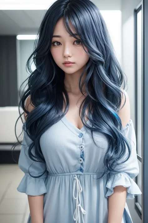 Create a woman with wavy hair without bangs and blue highlights, I want a striking but shy look 