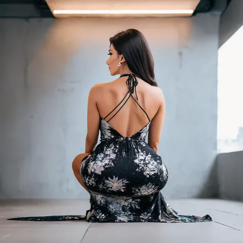  woman squatting on her knees  in a maxi dress, bodycon dress, rear view angle fully