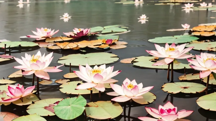 a pond，clear pool water，lotus leaves in the pond，highlight a blooming lotus