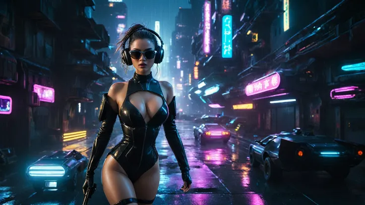 (aerial view, a flying cars docking platform, a very dark abandoned futuristic city, neon lights), rainy night. 1girl, solo, alone, large-breast:1.2 slim body, cleavage:1.1, sexy wind blowing wet dress:1.4, (headphone, black sunglasses), (((((she raised:1....