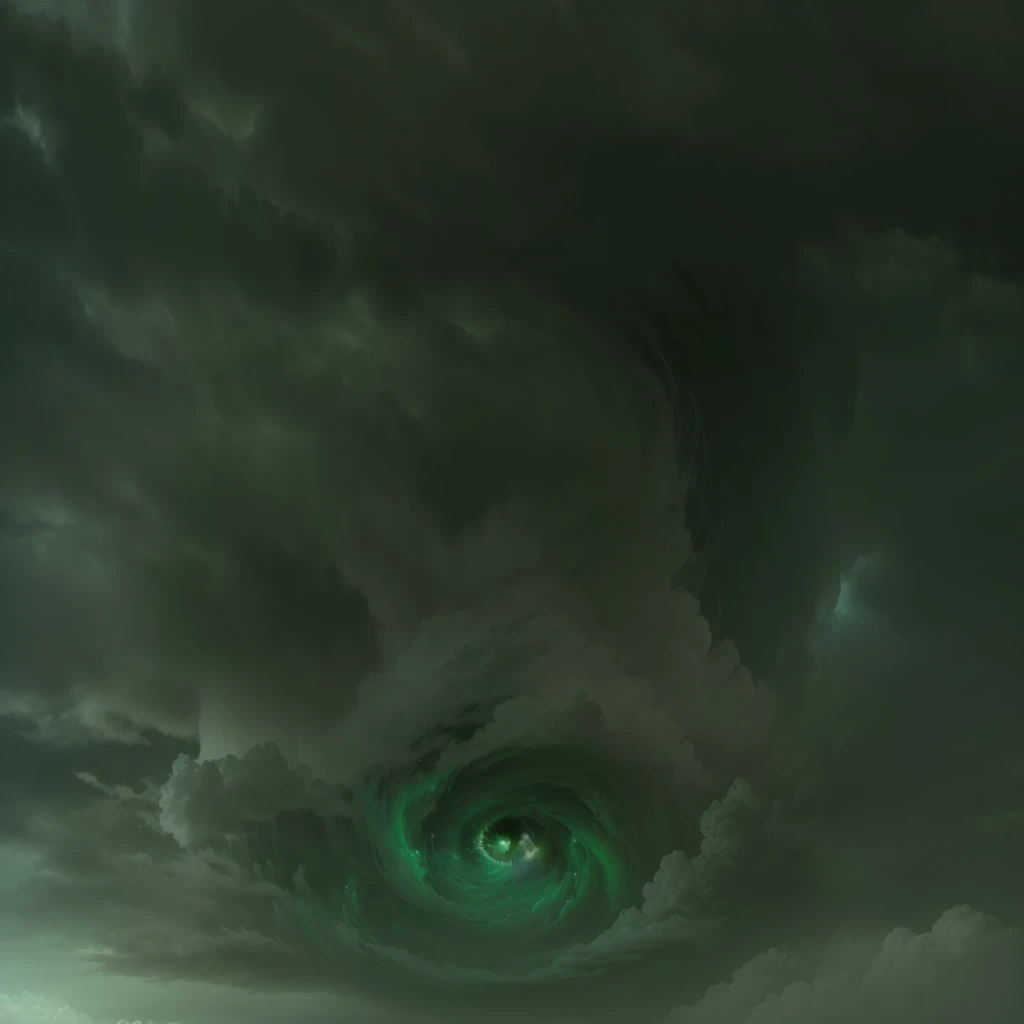 There is a big green eye in the middle of the cloud, Creepy vortex, Cloud Vortex, An ethereal still painting, Inspired by Anna Füssli, visible sky and moist atmosphere, Disturbing background, Skybox, deep image, Godrays Digital, There are only clouds below...