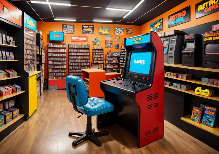 empty chair at retro gamer rental store counter, HORIZONTAL VIEW