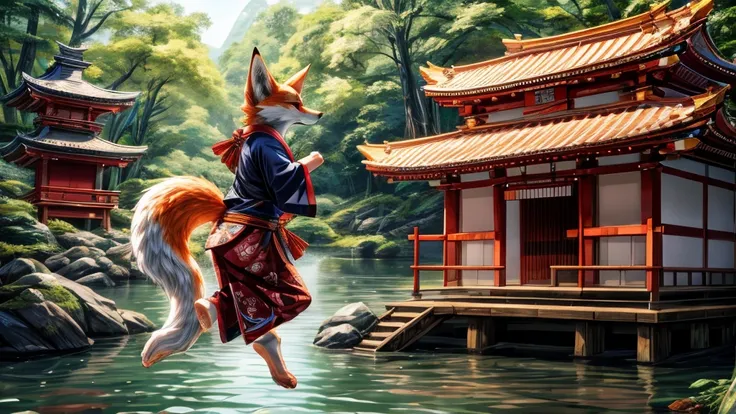 japanese kitsune fox face elongated snout add_detail, beautiful tails, stylized japanese style, japanese cunning fox, fox goddess message, Fushimi inari shrine, jumping on a lake