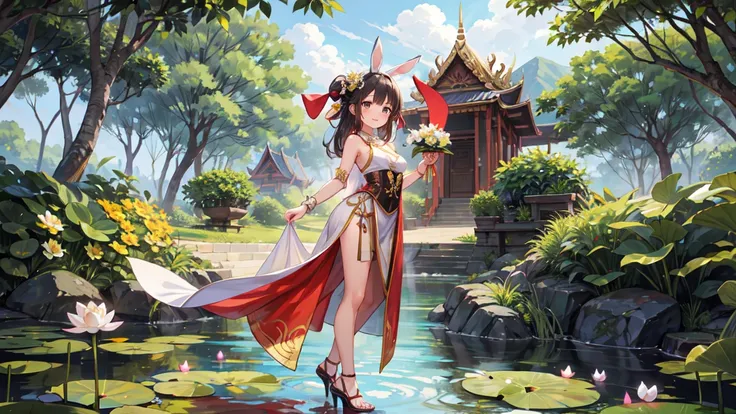 "A beautiful Thai bunny girl, wearing a traditional Thai-inspired bunny outfit. She has long, sleek black hair styled in an elegant updo, warm brown eyes, and a gentle smile. The outfit includes a corset with elements of traditional Thai clothing, featurin...