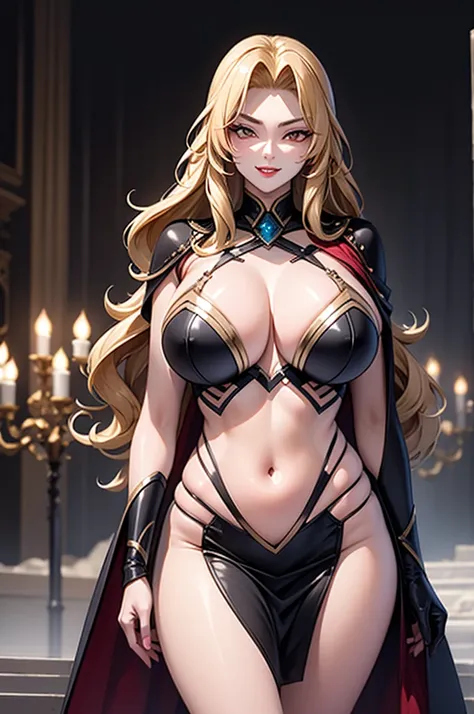 Heres a masterpiece prompt for you: Alicia stands majestically on the podium, surrounded by an enthralled audience and blinding flashlights. Her striking features - perfect face, piercing red eyes, and luscious blonde hair flowing down her back like a gold...