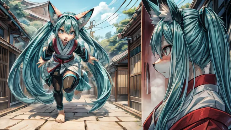 japanese adolescent hatsune miku x kitsune , fox face elongated snout add-detail, surprise face, sweaty body, heated add_detail,...