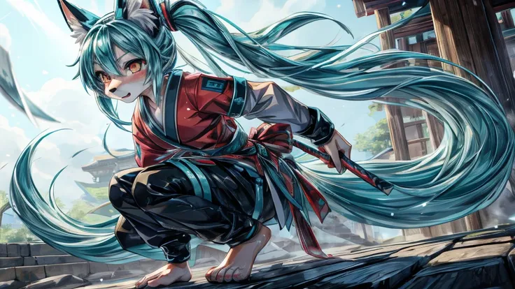 japanese adolescent hatsune miku x kitsune , fox face elongated snout add-detail, surprise face, sweaty body, heated add_detail,...