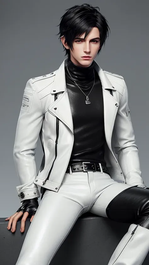 Final fantasy taste and reality graphics, Japanese young cute and cool ikemen  boy, his age is early 20s, thin eyebrows and beady eyes,  ((he wearing off white color leather  thick material jacket)), ((jacket is singlebrest)), biker style jacket, with epau...