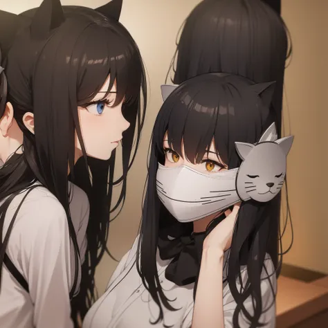 Two girls one with a cat mask on 