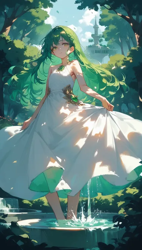 the goddess of the spring, emerald green hair, long hair that reaches down to her waist, scene of rising from the fountain, floa...