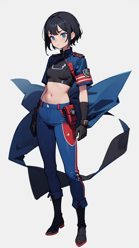 1,An android that resembles a human,Deep blue eyes,Short black hair,Dark blue uniform,Island symbol on chest,Red armband on right arm,gloves,Dark blue pants for easy movement,Many side pockets,Black leather boots,badge,White background,whole body,Character...