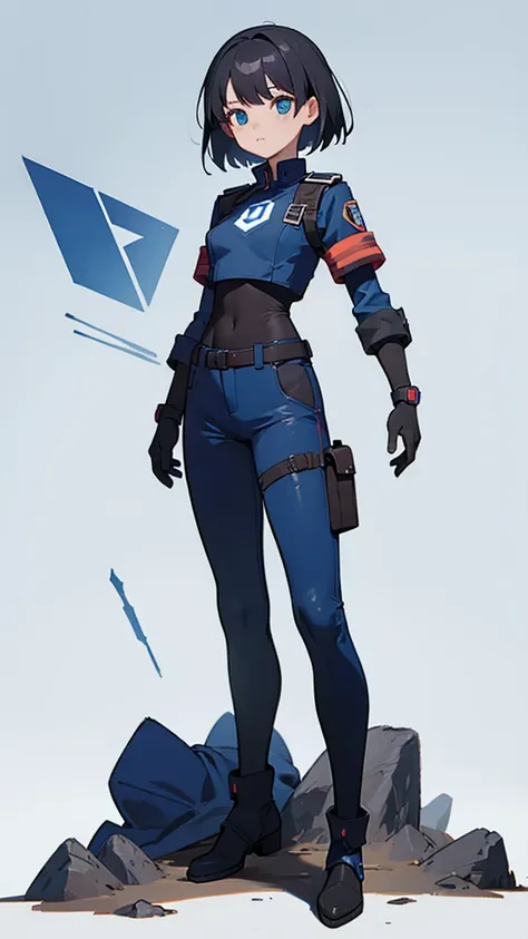 1,An android that resembles a human,Deep blue eyes,Short black hair,Dark blue uniform,Island symbol on chest,Red armband on right arm,gloves,Dark blue pants for easy movement,Many side pockets,Black leather boots,badge,White background,whole body,Character...