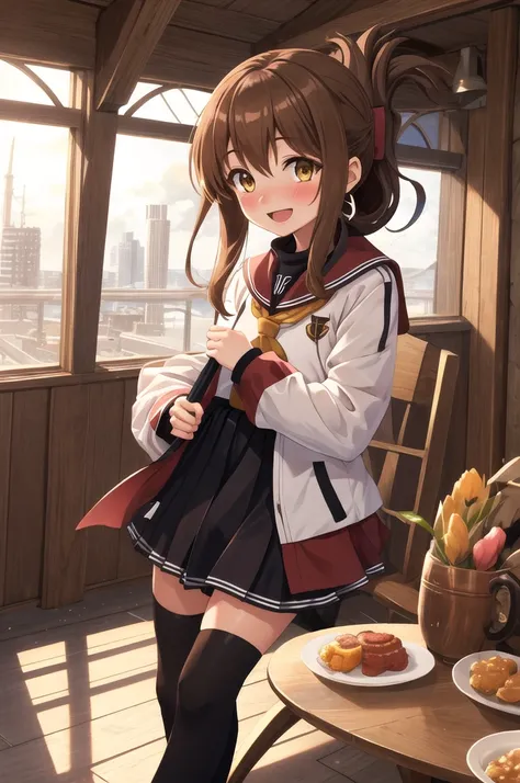 Highest quality, masterpiece, High resolution, alone, {inazuma_Fleet Collection:1.15}, brown_hair, Folded_ponytail, brown_eye, length_hair, blush, Open_mouth, smile