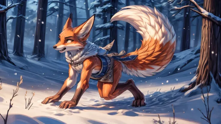 The best quality, Adolescente chacal, fox face elongated snout add-detail, Surprise face, sweaty body, heated add_detail,, kitsune warrior in the snow add_detail:1, Whole body, barefoot add_detail:1 