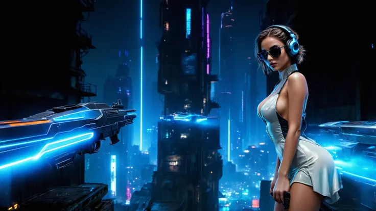 (aerial view, a flying cars docking platform, a very dark abandoned futuristic city, neon lights), rainy night. 1girl, solo, alone, large-breast:1.2 slim body, cleavage:1.1, sexy wind blowing wet dress:1.4, (headphone, black sunglasses), (((((she raised:1....