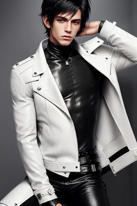 Final fantasy taste and reality graphics, Japanese young cute and cool ikemen  boy, his age is early 20s, thin eyebrows and beady eyes,  ((he wearing off white color leather  thick material jacket)), ((jacket is singlebrest)), biker style jacket, with epau...