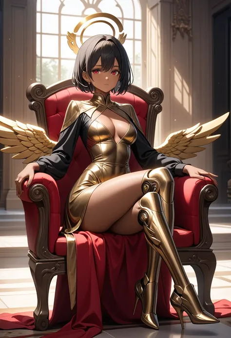 1girl, tanned skin, golden halo, black hair, very short hair, winged, bronze dress, red details, long sleeves, red eyes, palace ambience, golden aura, sitting, throne, prosthetic legs
