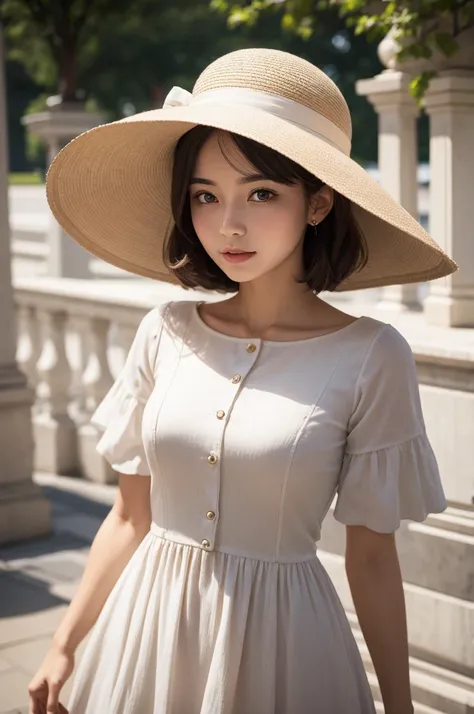 Woman wearing classic dress and hat 