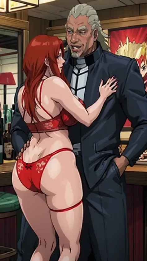 Redhead Kushina in a sexy Lacey red lingerie,big breast ,standing in a crowded bar,high heels ,milf ,mid 30s, raikage ay (black man)hugging kushina o from behind ,grabbing ass ,stealth ass grab