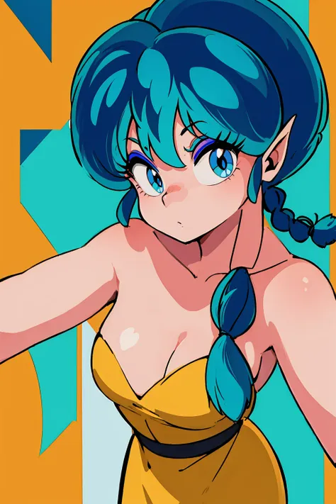 1980's style, retro, source anime, flat color, illustration. lum, single_braid, blue hair, blue eyes, horns, pointy ears, aqua h...