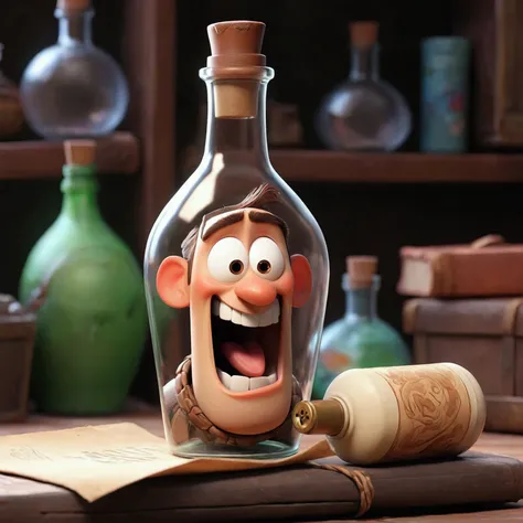 drifting bottle, There is a scroll in the bottle，pixar cartoon style，masterpiece, best quality