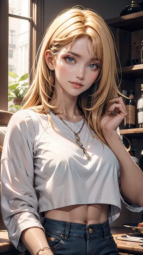 19-year-old female、Her hair color is blonde.、Eye color: blue、Medium hair straight hair、I&#39;m wearing eyeshadow and lipstick、Slender but well-proportioned, slim and muscular body、smile、Big Breasts、Wearing accessories on the wrist、Wearing a jacket、I can se...