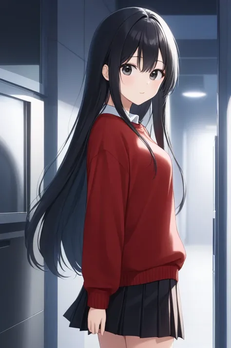 score_9, score_8_up, score_7_up, score_6_up, score_5_up, score_4_up, nari, black eyes, black hair, long hair, red sweater, long sleeves, black pleated skirt, standing,