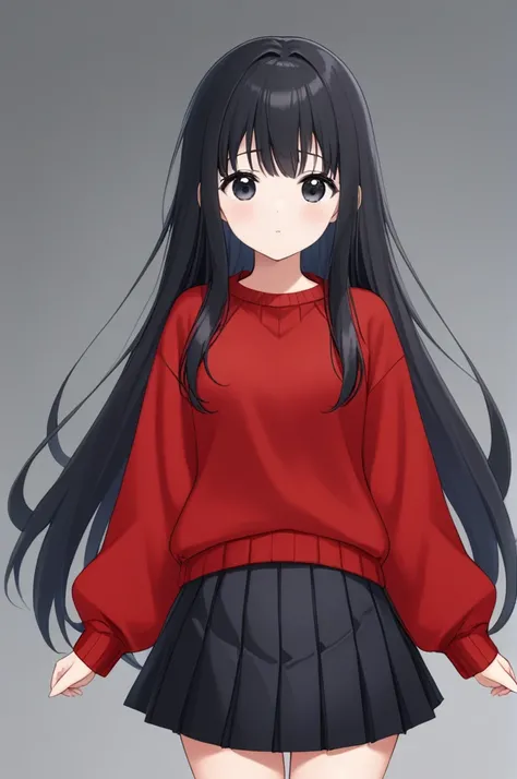 score_9, score_8_up, score_7_up, score_6_up, score_5_up, score_4_up, nari, black eyes, black hair, long hair, red sweater, long sleeves, black pleated skirt, standing,