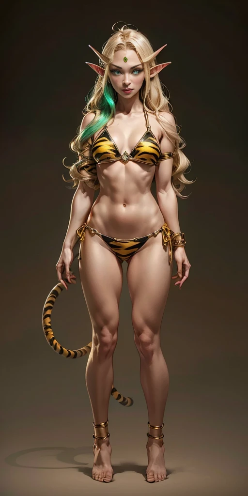 tsundere elf full body toe to head, long hair, blonde hair (green eyes:1.1) pointy ears, elf, multicolored hair, forehead jewel, yellow tiger bikini, standing symmetrical, plain background