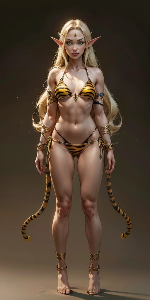 tsundere elf full body toe to head, long hair, blonde hair (green eyes:1.1) pointy ears, elf, multicolored hair, forehead jewel, yellow tiger bikini, standing symmetrical, plain background