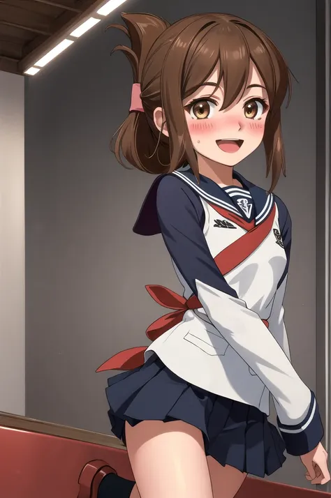 Highest quality, masterpiece, High resolution, alone, {inazuma_Fleet Collection:1.15}, brown_hair, Folded_ponytail, brown_eye, length_hair, blush, Open_mouth, smile