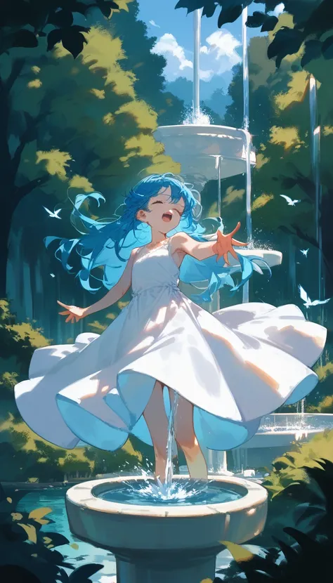 The goddess of the spring, blue hair, long hair that reaches down to her waist, Scene of rising from the fountain, Floating on the big fountain, Sunlight filtering through the trees in the forest, white dress, Reaching out