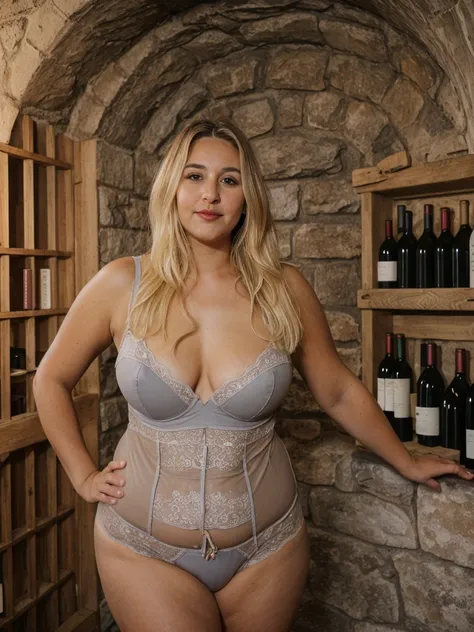 Xyrele, 1girl, solo, 30 years old, (((French face))), (((French nose))), (((French lips))), ((((chubby)))), (((wide hips))), (((blonde hair))), crinkly medium hair, wearing grey unique designed organza lingerie, ((Background: Wine cellar in Russia)), ((upp...