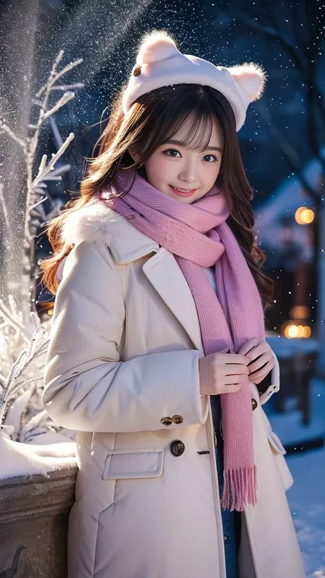 (Highest quality、masterpiece、8k、Best image quality、Hyperrealism、Award-winning works)、1 girl、(Elegant fur coat:1.1)、(The perfect pink scarf:1.1)、Soft and delicate light、Dramatic lighting、Romantic snowy night city、Romantic Christmas illuminations、Beautiful n...