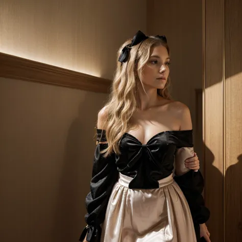 Portrait-style photograph featuring a woman with long, wavy blonde hair, styled with a large black velvet bow. She is turned slightly away from the camera, showing her profile. Her skin is fair, and she is wearing an off-the-shoulder dress with a black bod...